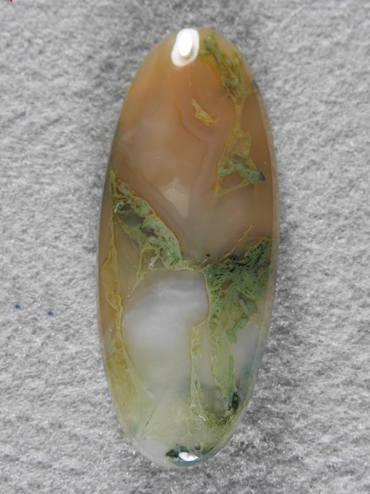 Horse Canyon Moss Agate 1780 : Beautiful long ellipse of very high end Horse Canyon Moss, the Carmel Agate color plays well here.