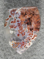 Singleton Bouquet Agate 1578 :  Red plumes on White in a clear matrix fills out this beautiful Bouquet badge cab.