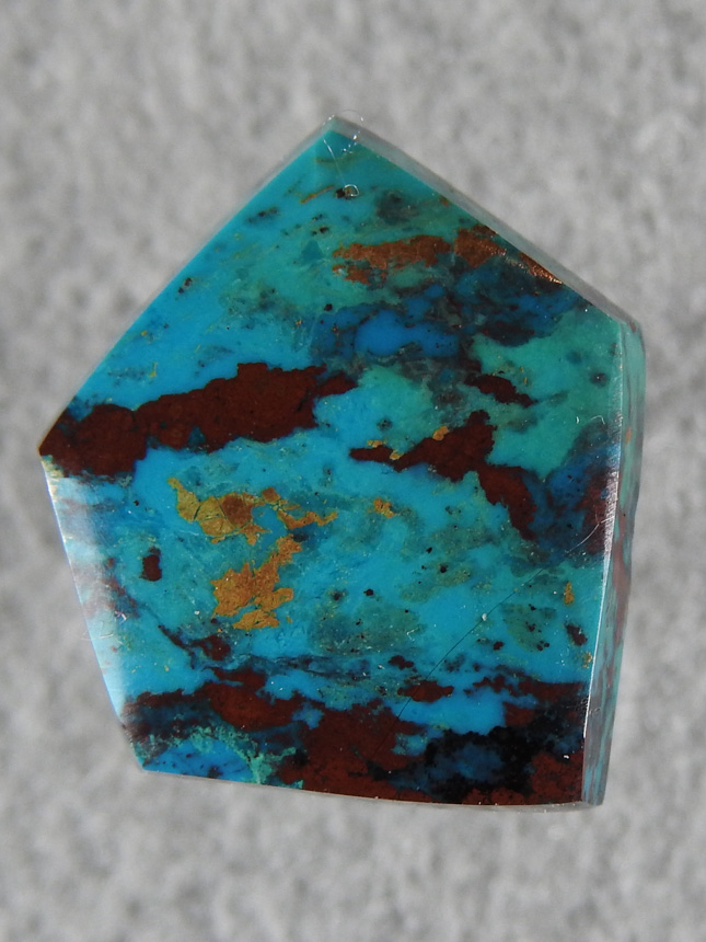 Chrysocolla 1955 : This is some top end material with Turquoise Blues and Chocolate browns in glassy material with a high polish. This one also has some Green and Golds.