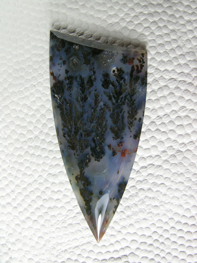 Plume Agate 530  :  A slender badge cut of Woodward Ranch Plume Agate from Texas.  Plume is wonderful to cut when it has such good form.