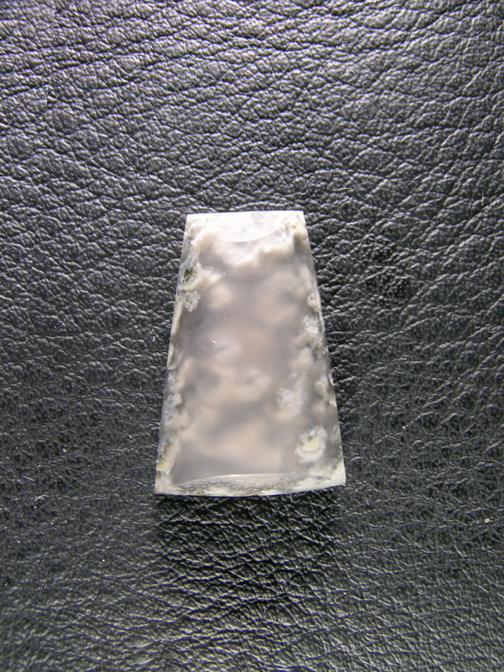 Cady Mtns Agate 587  :  A thin cab of some White Plume coing up from the bottom of the cab, cut looking down on the plumes.