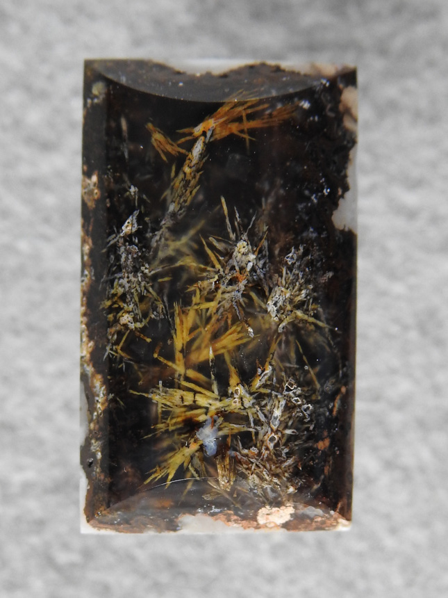 Calico Sagenite Agate 602  :  A dark base to this ring / pendant stone and set off with contrasting golden Sagenite needles across the top,