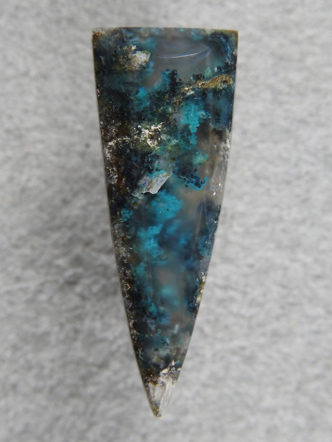 Chrysocolla plume agate 612  :  A small cab, as are all of these since I have so far only discovered a narrow seam of this material.