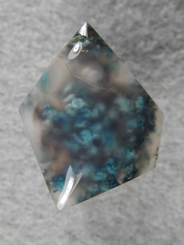 Chrysocolla plume agate 613  :  A small cab, as are all of these since I have so far only discovered a narrow seam of this material.  What great depth and colors though.