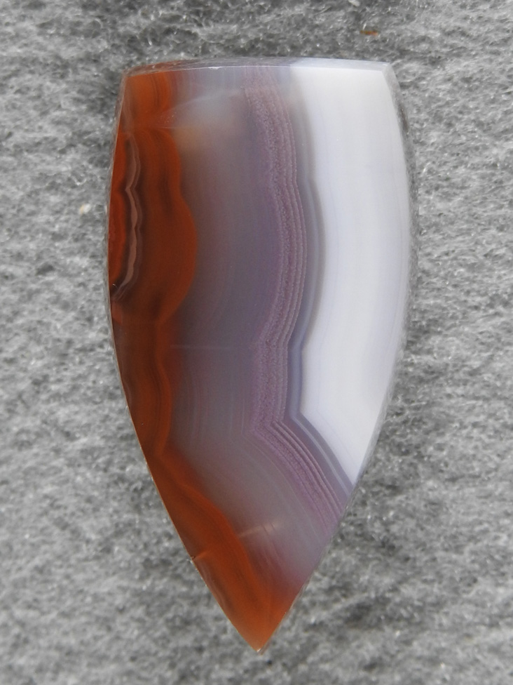Coyamito Agate 1475 : Gemmy Red White and a Blueish Lavendar center band.  Small badge shape to follow Red bands. Nice material.