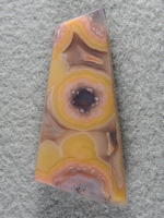 Coyamito Agate 1471 : A very translucent Yellow and Pink in this cab.  Love the center dot drawing you into the stone.