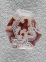 Coyamito Agate 207  :  A cab of exceptional Psuedomorph Agate from Coyamito.  A wonderful color combo and intense Reds make this a beautiful cab.  Perfect for a pendant