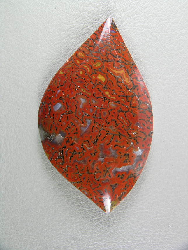 traded Dino Bone 411T  :  Such a bright Red Orange color.  There were 2 slabs of this bone and some great cabs as a result.  This stone also features some nice Yellow accents.