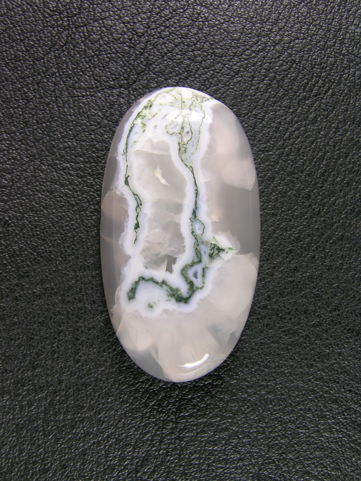 Horse Canyon Moss Agate 751  :  A lot of Opal in this cab which accounts for the Opaline fractures interior to this cab.  Nice snakelike stringer of White Opal and Green moss.