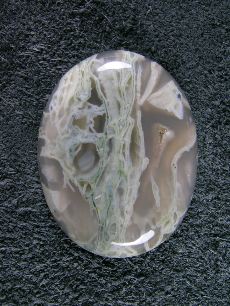 Horse Canyon Moss Agate 753  :  A bit more of the classic Moss Agate in this traditional cab with a darker Agate base.