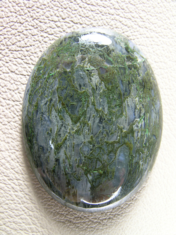 Horse Canyon Moss Agate 763  :  A beautiful cab of dark Green Moss with contrasting milky fillings around the moss.