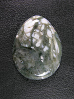 Horse Canyon Moss Agate 750  :  A traditional teardrop cab with Green Moss and Opal fillings in all the pockets.  Looks like an intricate Easter Egg.