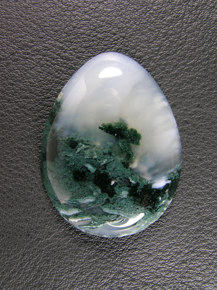 Horse Canyon Moss Agate 709  :  Everyone that looks at this cab sees the Tree on the hillside and the fog coming in.  A nice treat.