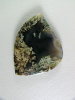 Traded Horse Canyon Plume Agate 729  :  Not self collected.  A large cab of the beautiful Black Agate with Green and Cream Plumes coming in from the edges.