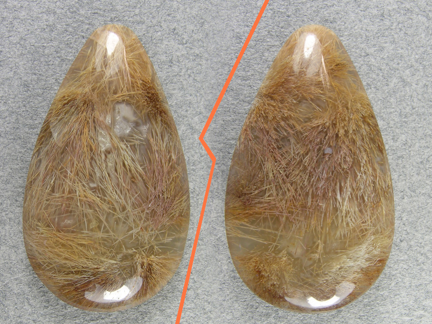 Nipomo Sagenite Agate 818  :  Both sides of a double domed cab of Golden, Tan and Pink Sagenite.