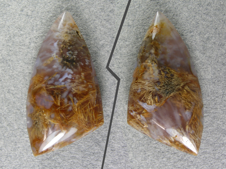 Nipomo Sagenite Agate 821  :  A double domed showing both side of this fantastic Golden Needles against a Purple White Agate.