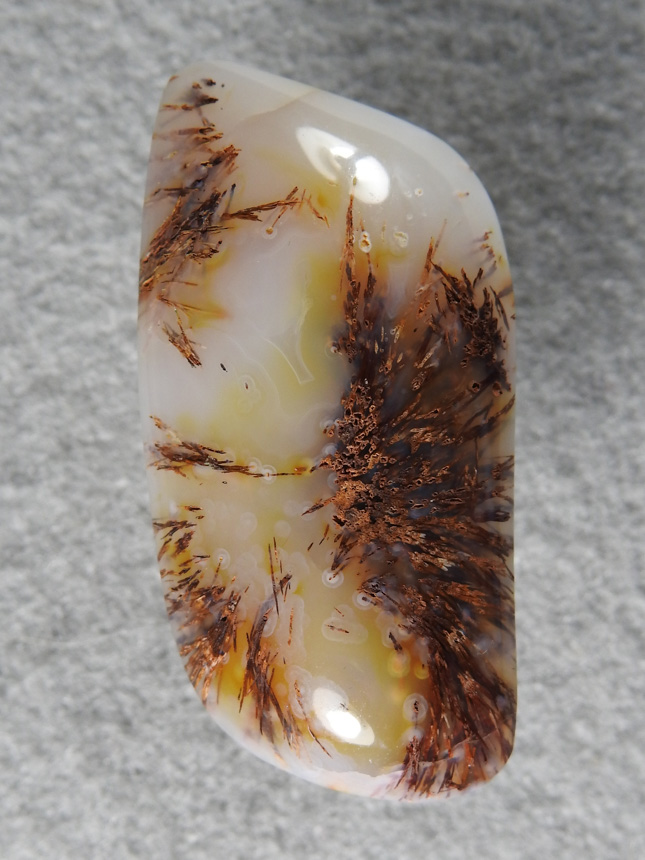 Nipomo Sagenite Agate 824  :  Orange and Red Needles in the Yellow and White Agate.  A very soft shape cab.