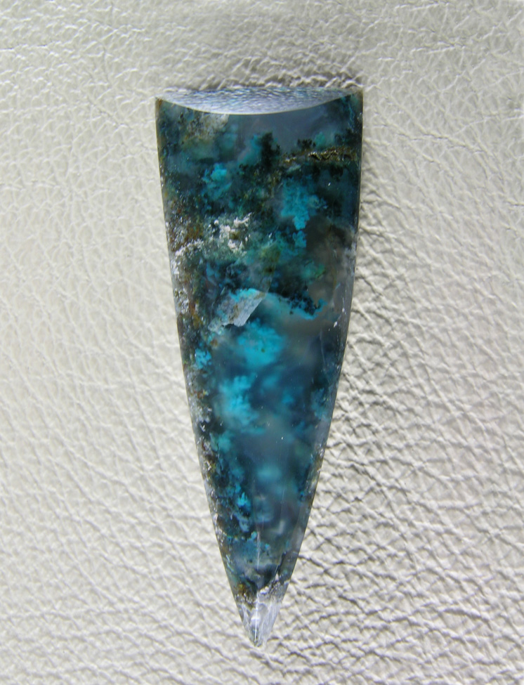 Chrysocolla plume agate 612  :  A small cab, as are all of these since I have so far only discovered a narrow seam of this material.