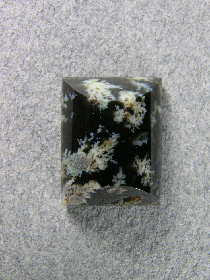 Horse Canyon Plume Agate 720  :  A small ring stone but featuring White Plumes against a gloss Black Agate.
