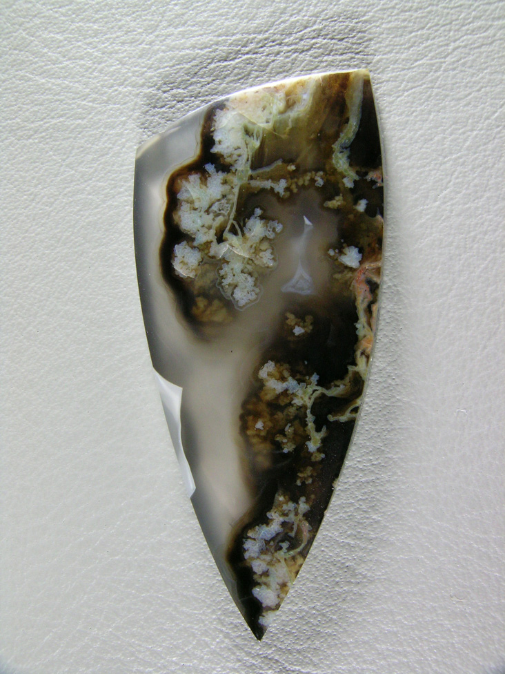 Horse Canyon Plume Agate 726  :  Not self collected.  A great very gemmy cab in the Black and plumes with a small area of the comon Opal.  A classic cab from this classic location.