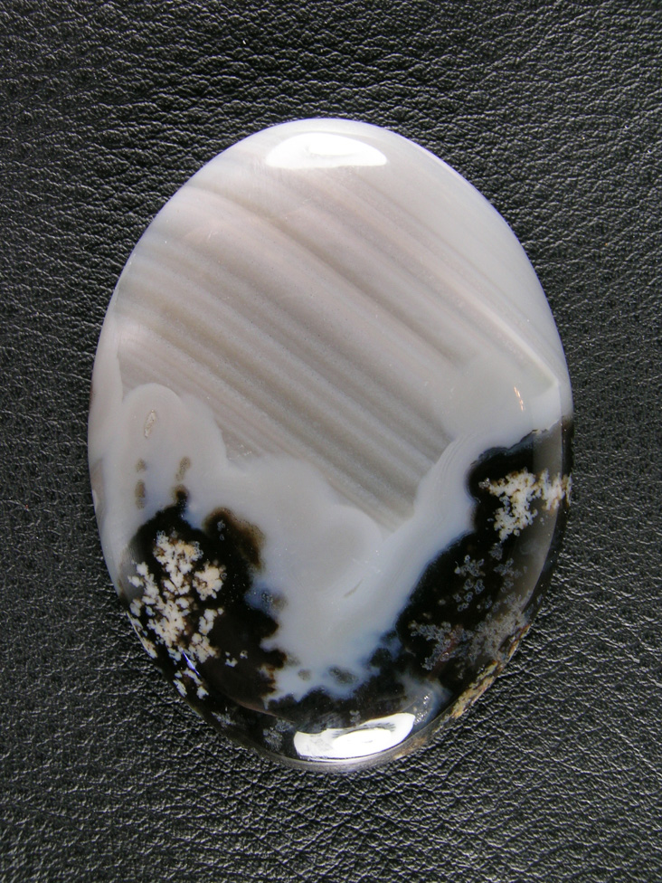 Horse Canyon Plume Agate 740  :  Black Agate and plumes surrounded by White Agate and then layer after layer of waterlines.  Large cab and very beautiful.