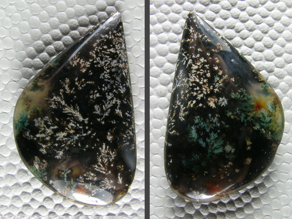 Horse Canyon Plume Agate 780  :  A special cab with so much Plume and pattern that I just had to dome both sides.  A special 3d piece.