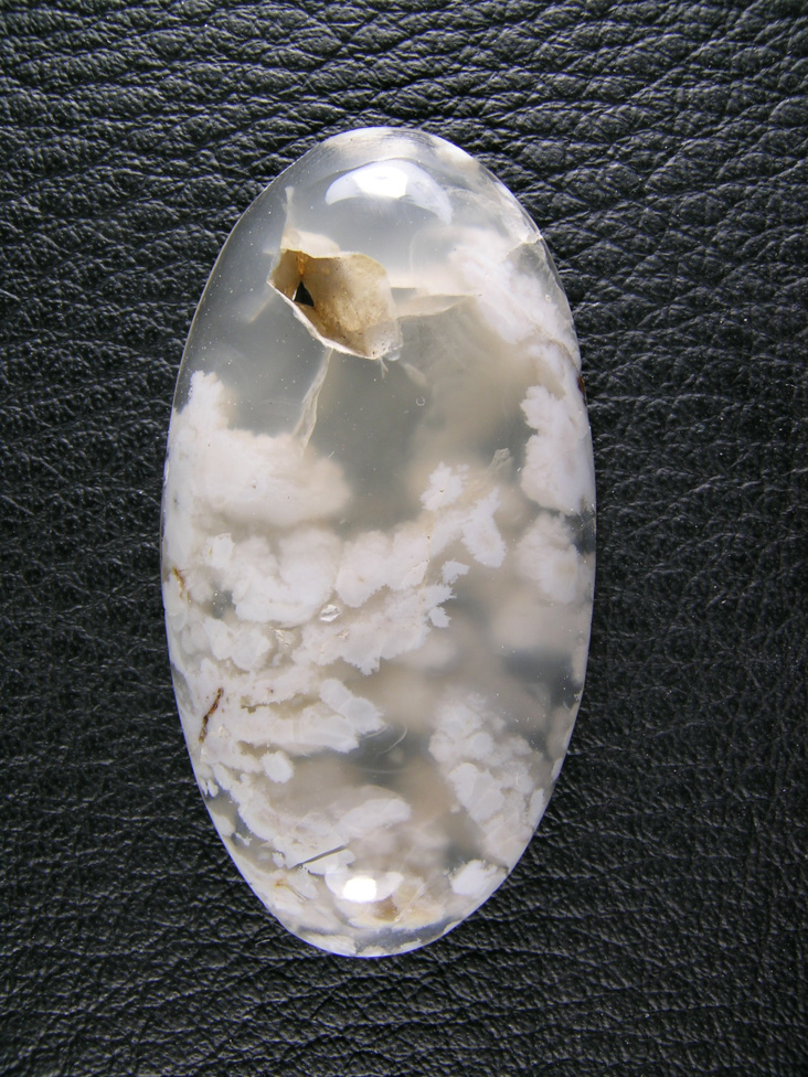 Icicle Agate 620  :  Traditional cab of Icicle Agate ith water clear Agate and White Opal plumes.