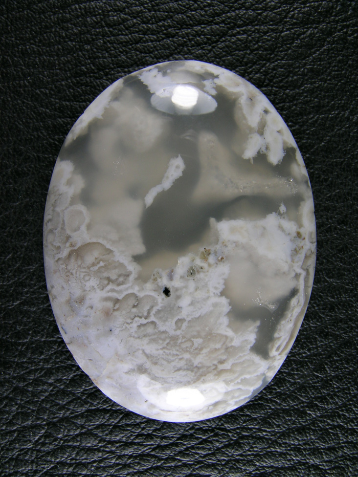 Icicle Agate 621  :  Traditional cab of Icicle Agate ith water clear Agate and White Opal plumes.