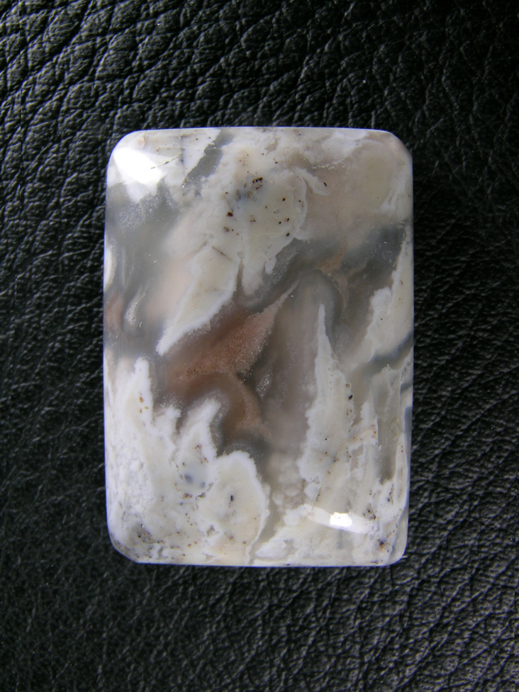 Icicle Agate 624  :  Traditional cab of Icicle Agate ith water clear Agate and White Opal plumes.