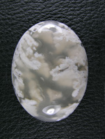Icicle Agate 619  :  Traditional cab of Icicle Agate ith water clear Agate and White Opal plumes.